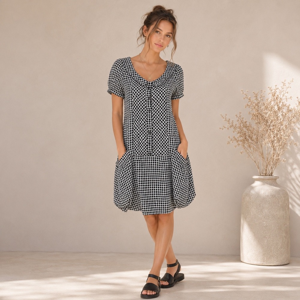 Zara Dress S Black White Windowpane Plaid Button-Front Oversized Pockets